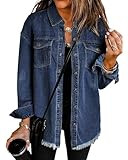 Vetinee Women’s Oversized Button Up Frayed Hem Shacket Long Sleeve Pockets Denim Jean Jacket | Amazon (US)