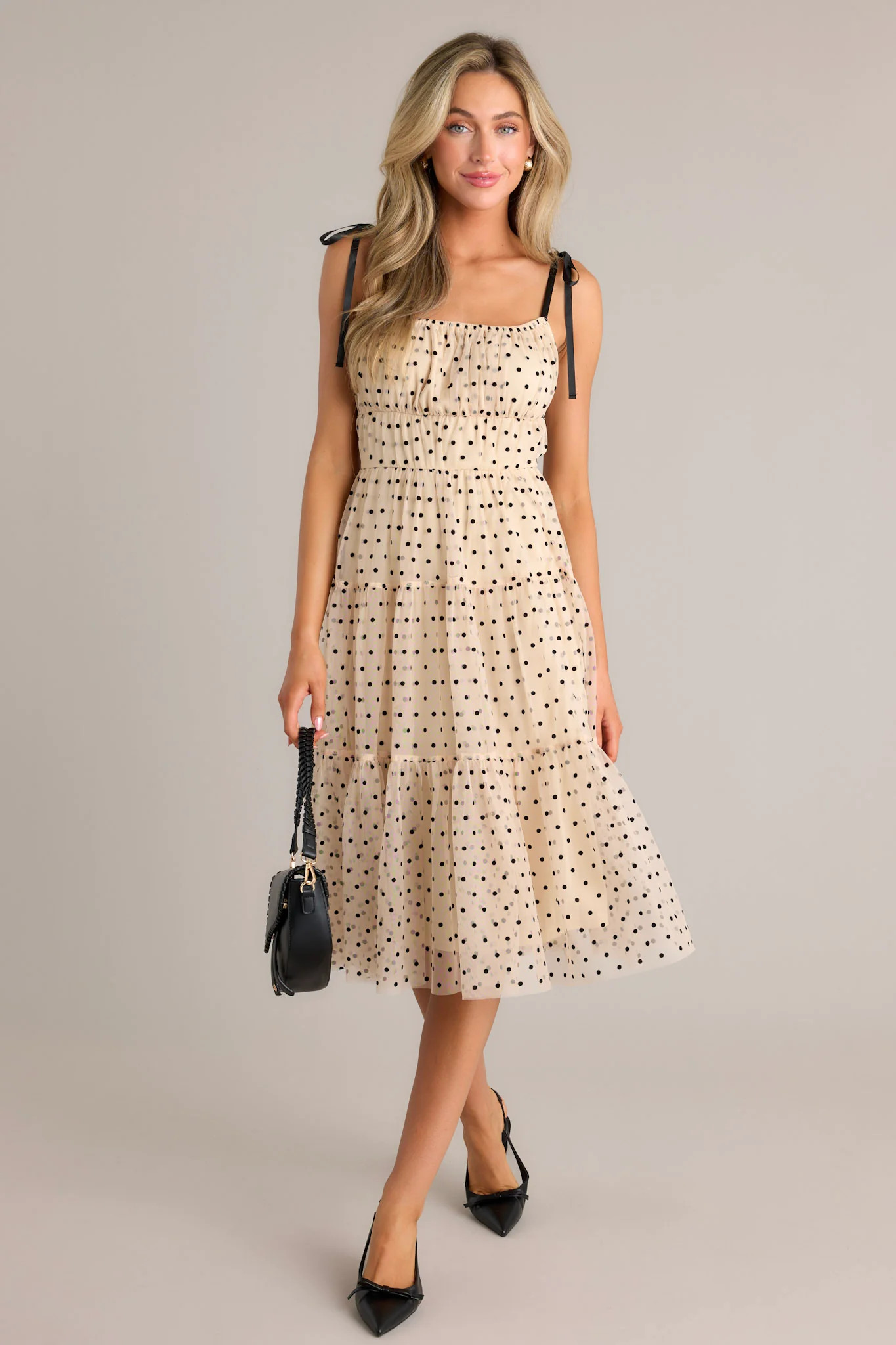 Dotted Affair Beige Tulle Polka Dot Midi Dress | Red Dress