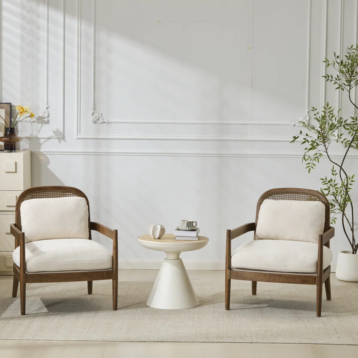 Marindale 26.6'' Mid-Century Modern Accent Chair With Rattan Backrest And Rubberwood Frame (Set o... | Wayfair North America