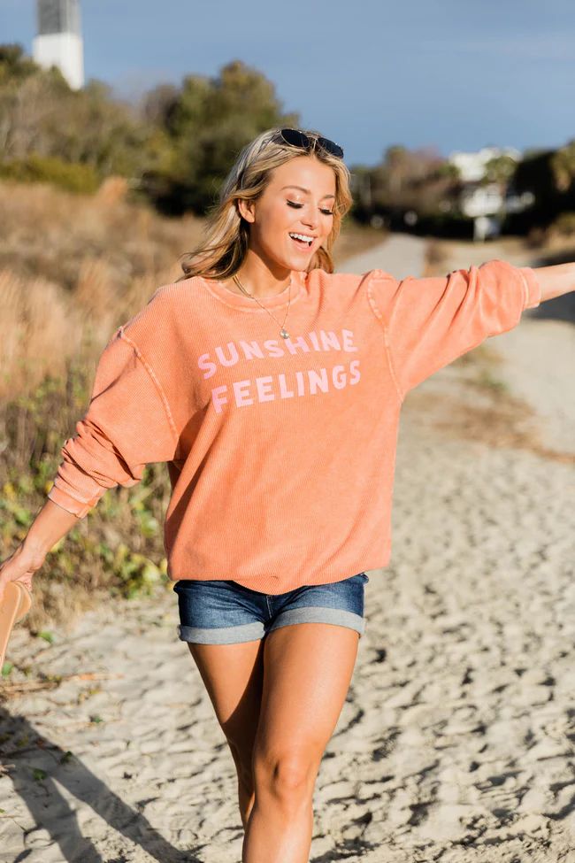 Sunshine Feelings Orange Corded Graphic Sweatshirt | The Pink Lily Boutique