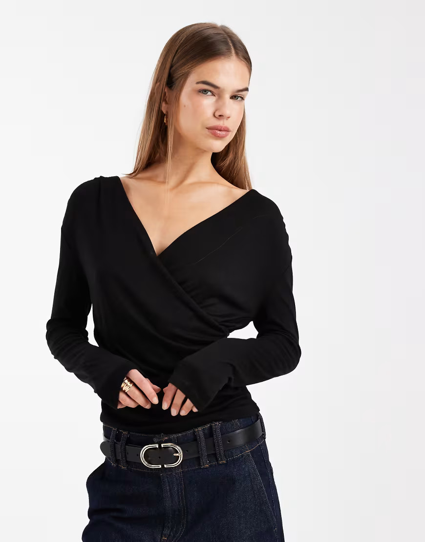 ASOS DESIGN soft jersey drape wrap long sleeve top in black | ASOS (Global)