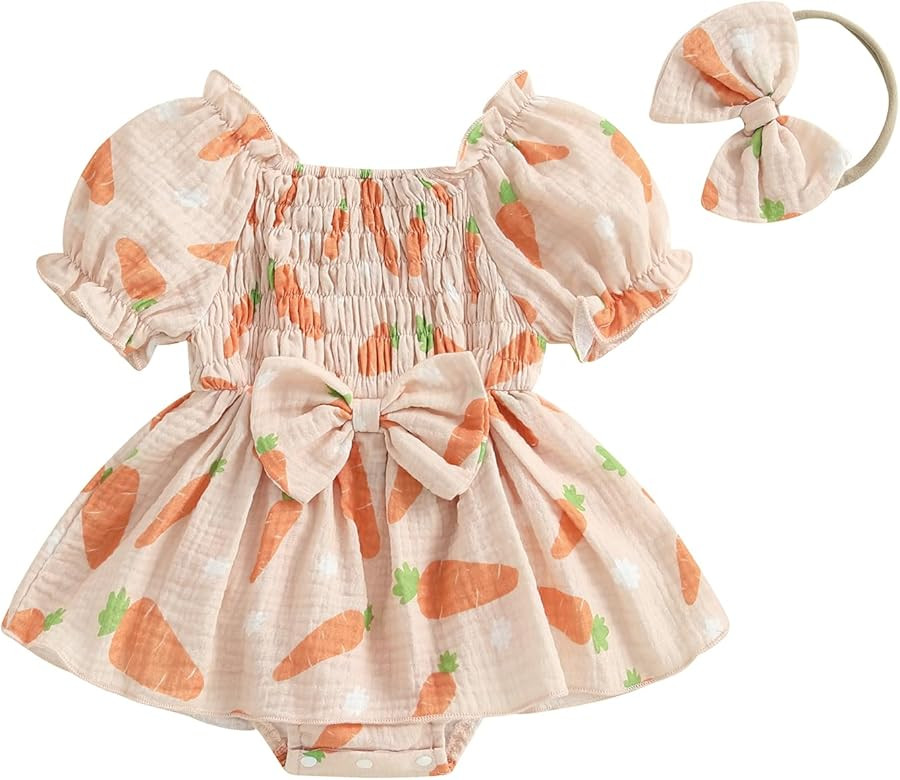 Lamuusaa Newborn Baby Girl Easter Outfit Smocked Bunny/Carrot Romper Cotton Linen Bodysuit Headba... | Amazon (US)