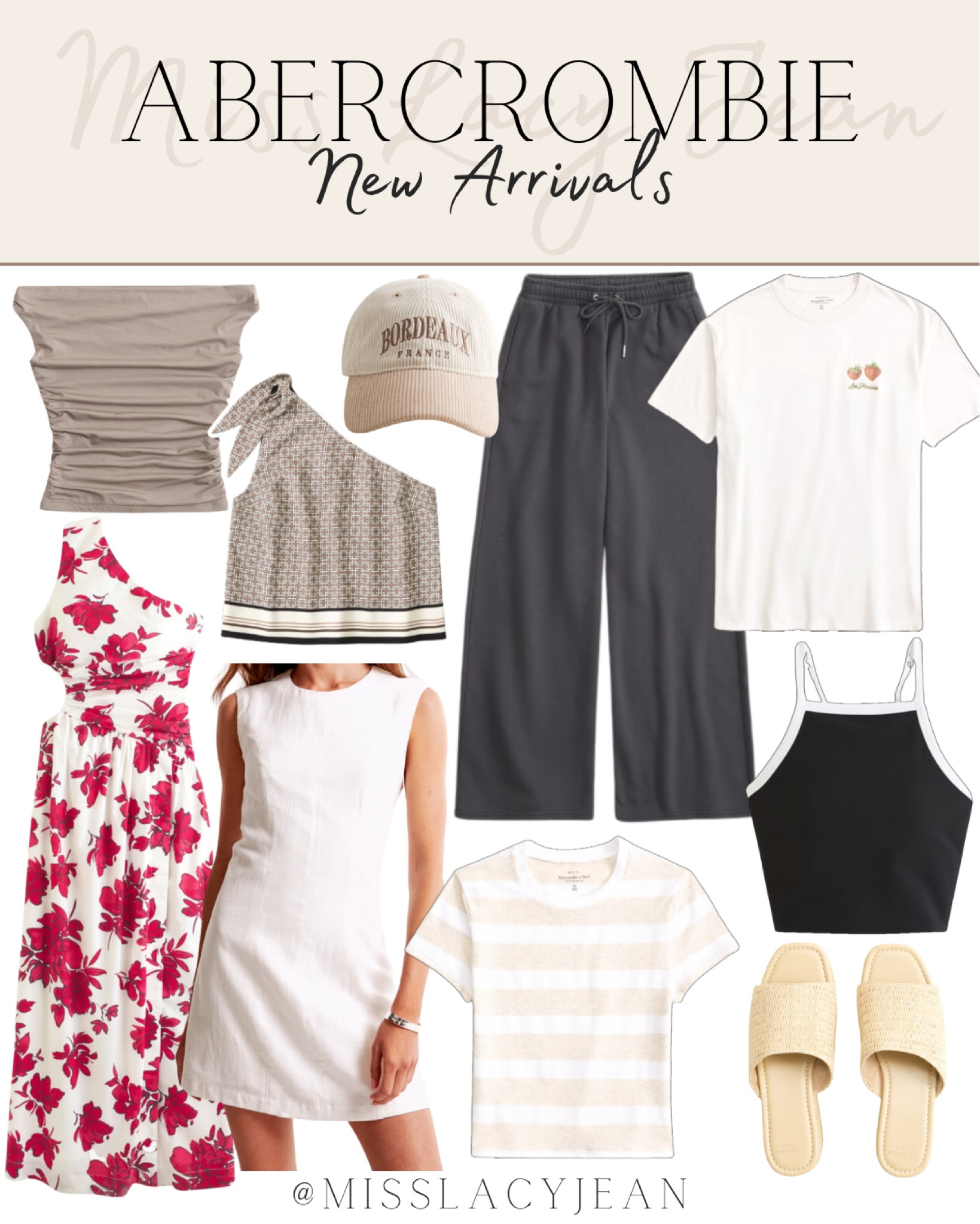 New Abercrombie arrivals include sweatpants, asymmetrical shirt, tank, dress, white dress, stripped shirt, black tank, hat, and slide shoes. 

New summer arrivals, summer clothes, summer top, summer dress, summer sandals 

#LTKStyleTip #LTKFindsUnder50 #LTKShoeCrush