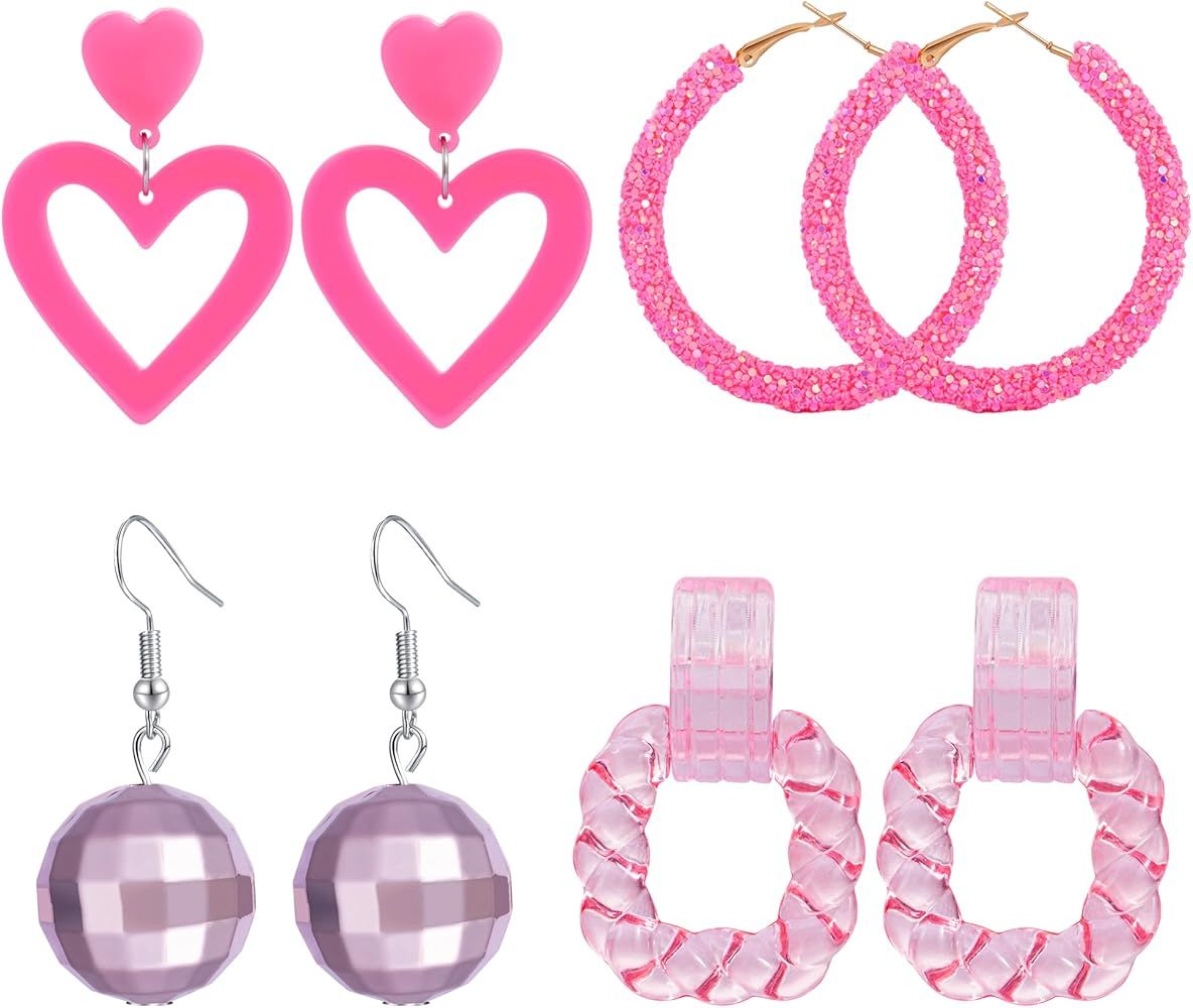 Pink Hoop Earrings for Women Trendy 80s Earrings Set 4 Pairs with Love Heart Drop, Disco Ball,Lay... | Amazon (US)