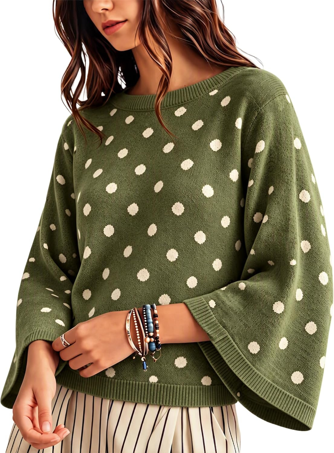 Yeokou Women's Polka Dot Button 3/4 Flare Sleeve Knit Sweater | Amazon (US)