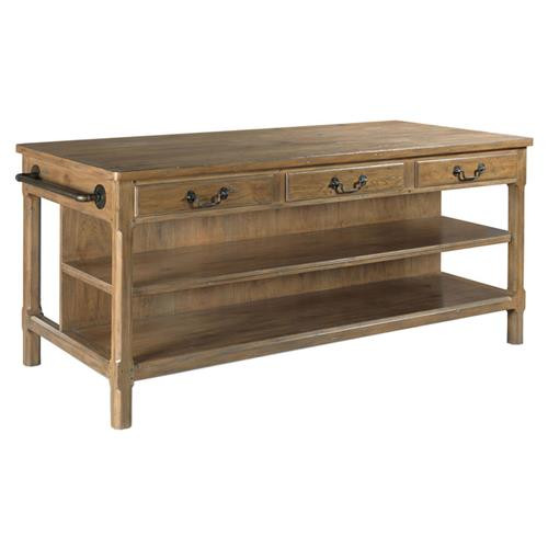 Woodbridge Draper Rustic Brown Oak 3 Drawer Rectangular Shelving Kitchen Island - 78"W | Kathy Kuo Home