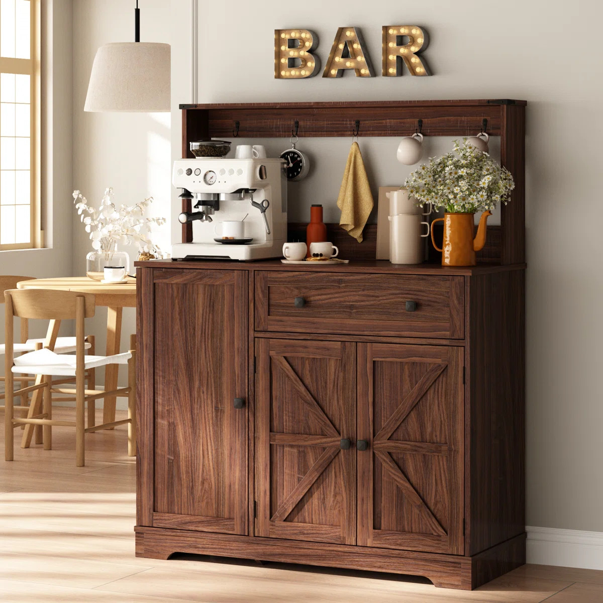 39.4'' Farmhouse Coffee Bar Cabinet with Hooks and Charging Station Buffet Cabinets with Upper Ra... | Wayfair North America