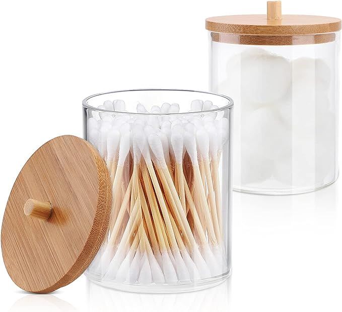 TCJJ 2 Pack Acrylic Qtip Holder Dispenser Bathroom Jars with Bamboo Lids, Cotton Ball Pad Round S... | Amazon (US)