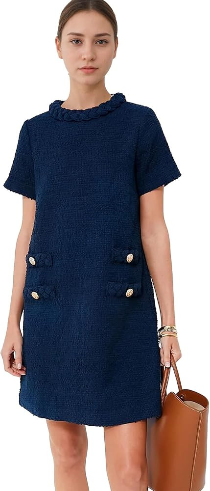 Yioaga Womens Tweed Jackie Dress Elegant Crew Neck Short Sleeve Button Bodycon Mini Dress | Amazon (US)