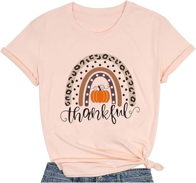 Thankful Pumpkin Tshirt Women Rainbow Leopard Graphic Tee Thanksgiving Gift T-Shirt Casual Fall S... | Amazon (US)