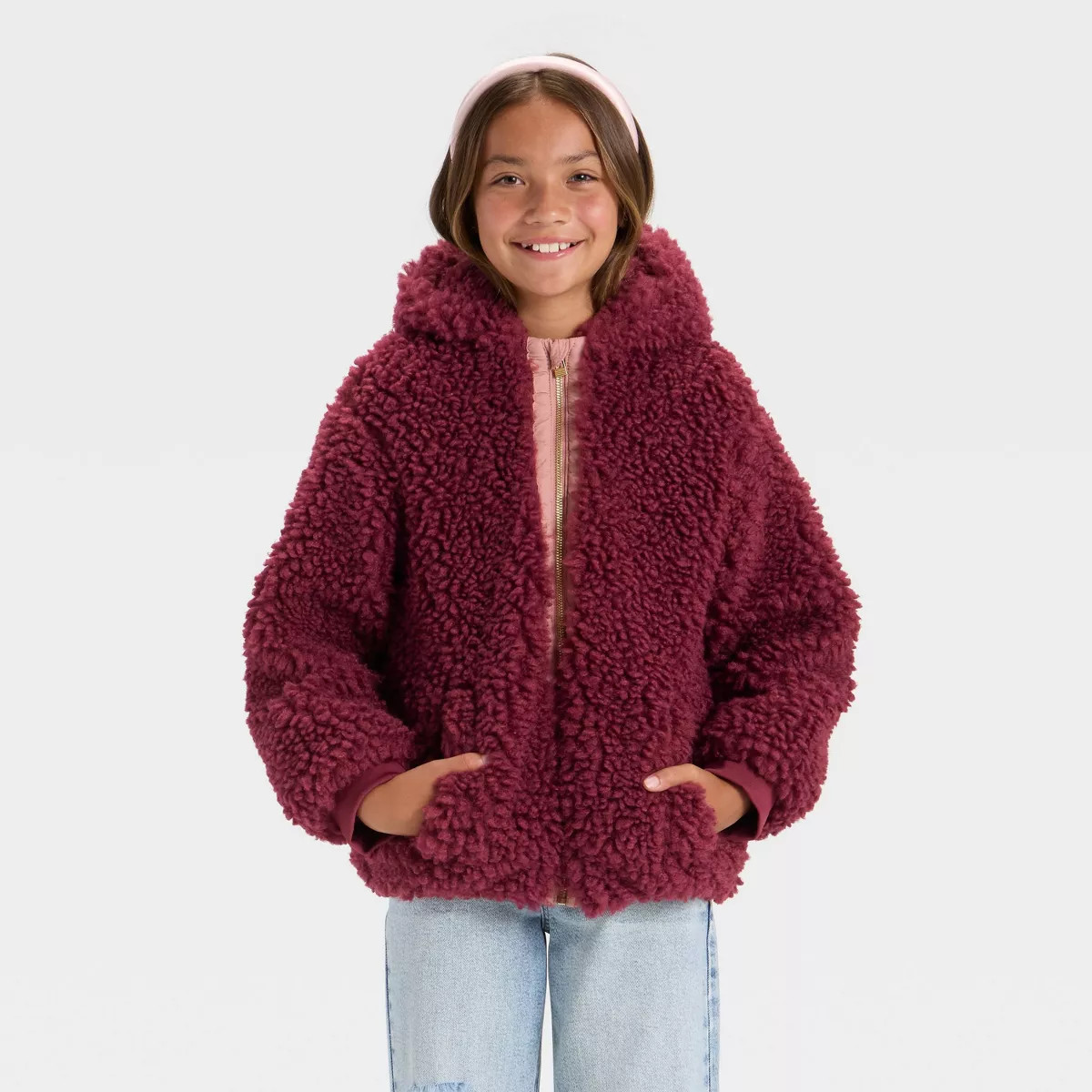 Girls' Faux Shearling Hooded Jacket - art class™ Black M | Target