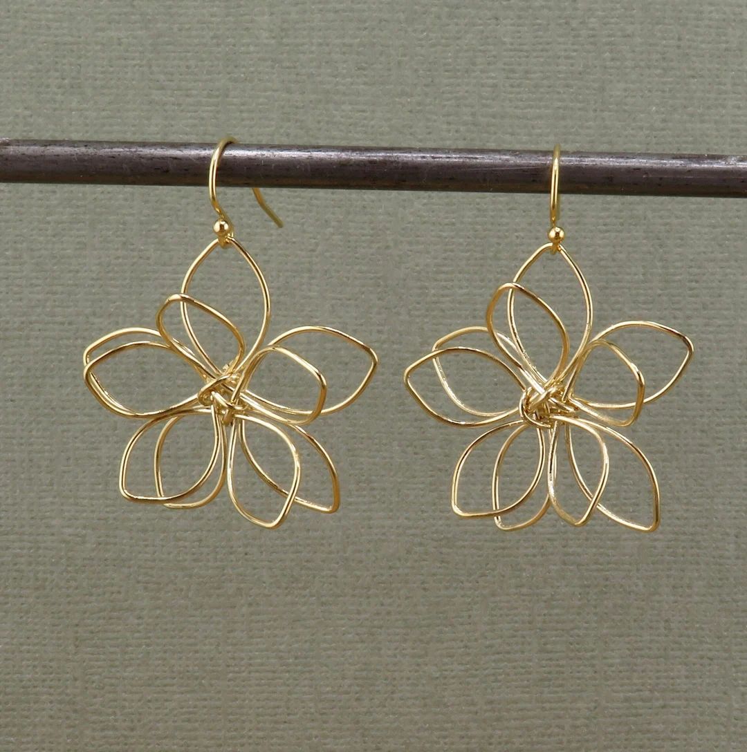 Gold Flower Earrings Wire Flower Earrings Lightweight Flower Earrings Large Gold Open Flower Earr... | Etsy (US)