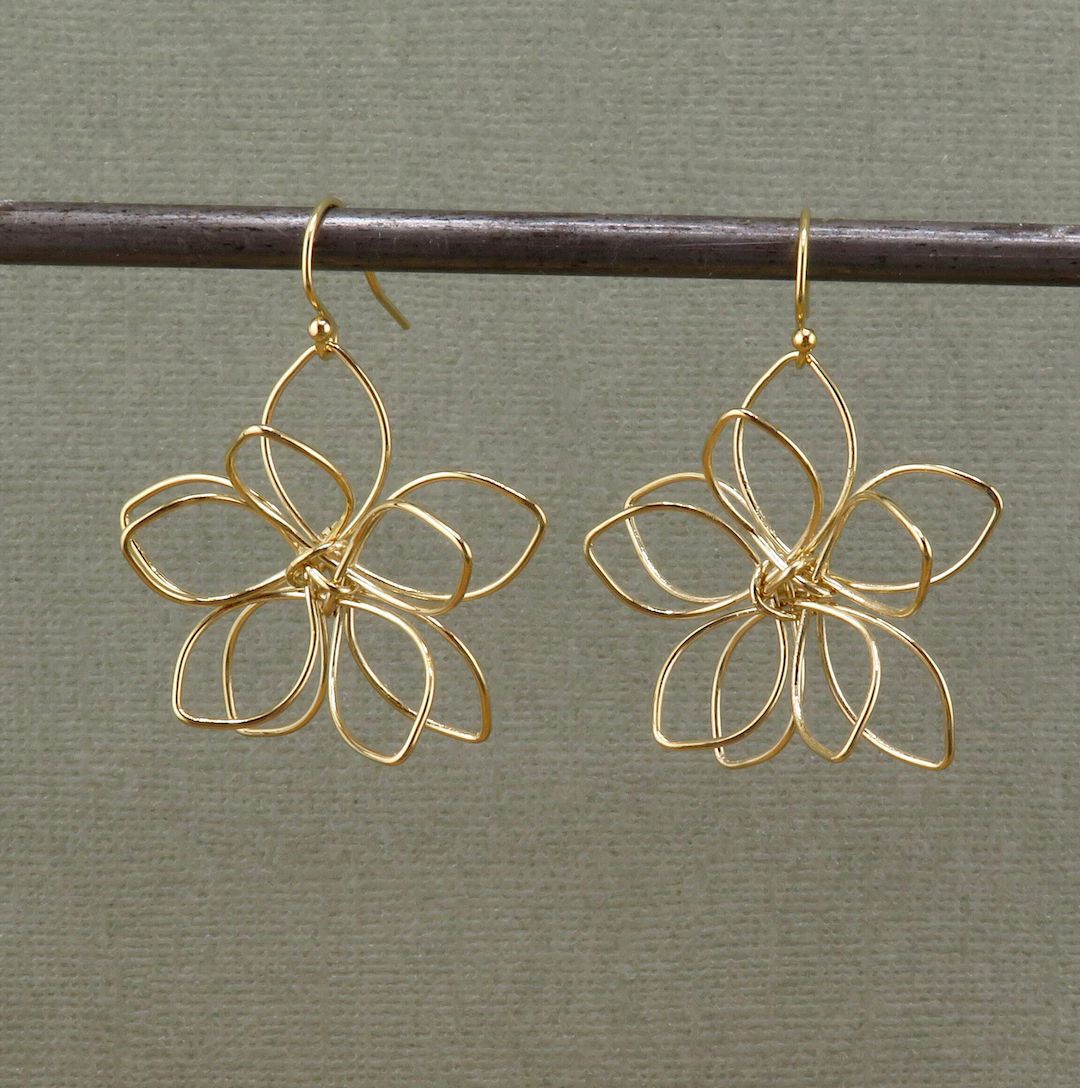Gold Flower Earrings Wire Flower Earrings Lightweight Flower Earrings Large Gold Open Flower Earr... | Etsy (US)