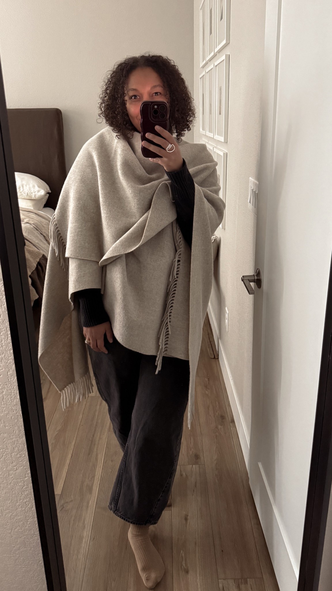 My wool/cashmere wrap is sold out from last year but I linked similar options. I also found a nearly identical statement ring! I stayed tts for these jeans, and they’re a very minimal barrel shape.   

Winter outfit: black jeans, black crewneck sweater, taupe/beige cashmere/wool wrap

#LTKootd #LTKMidsize