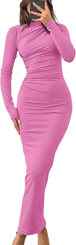 ZESICA Women's Long Sleeve Bodycon Maxi Dresses 2024 Fall Knit Slim Fit Ruched Sexy Elegant Cockt... | Amazon (US)