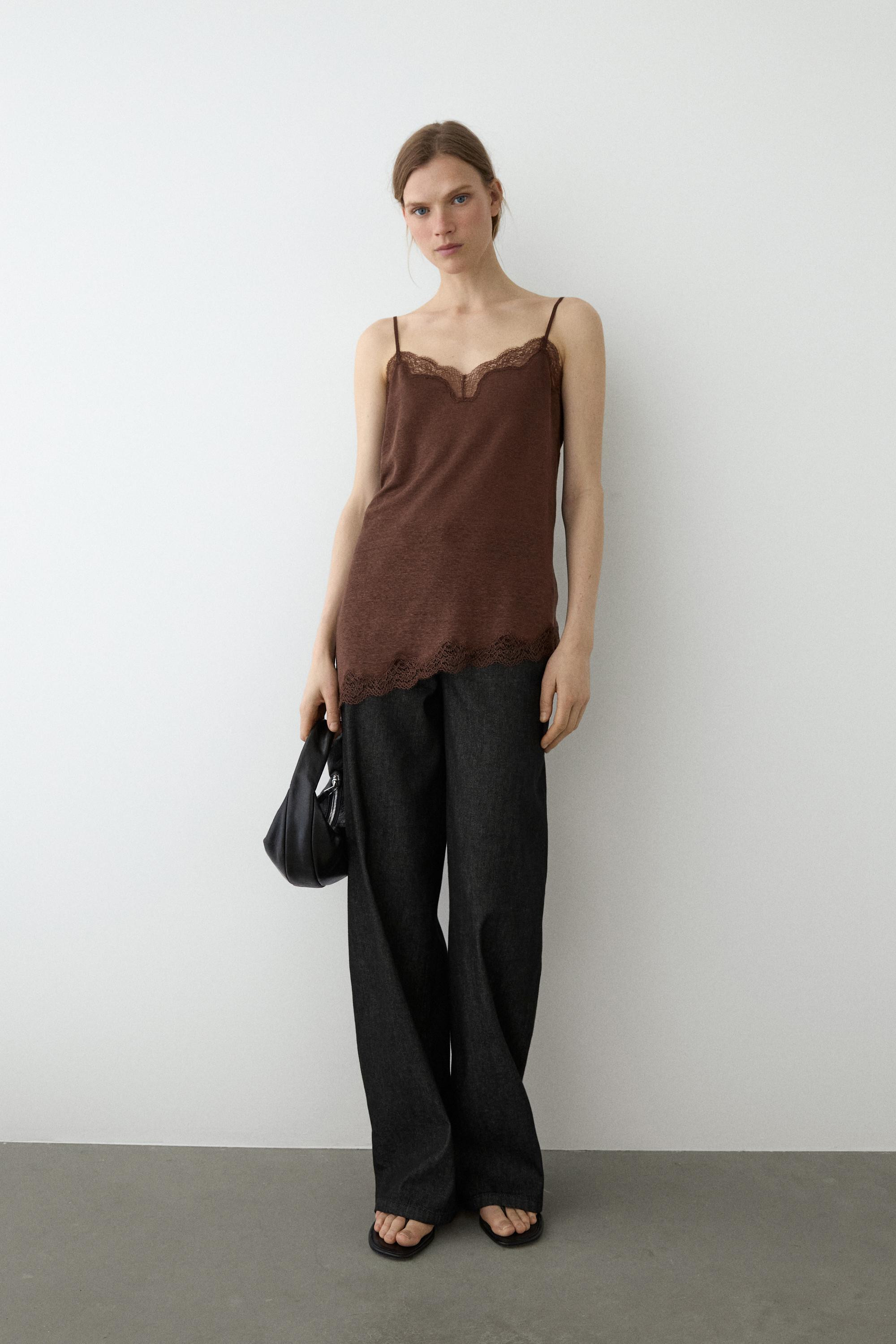 Asymmetric linen blend camisole top | Massimo Dutti US