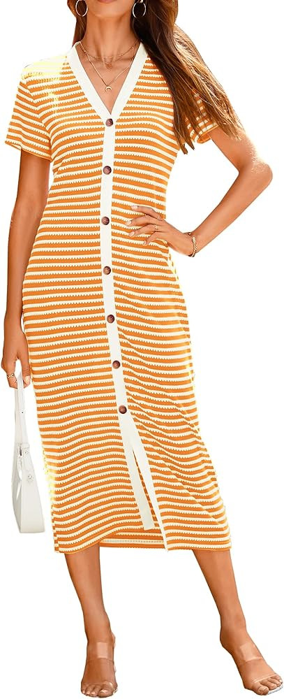 BTFBM Women Casual Summer Dresses Short Sleeve Striped Midi Dresses Decorative Button Ribbed Knit... | Amazon (US)