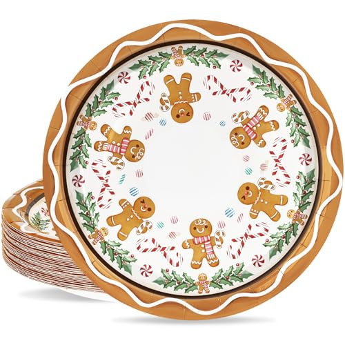 JarThenaAMCS Christmas Paper Plates Gingerbread Candy Cane Holly Berry Disposable Plates 9 Inch Tableware Dinner Plates for Xmas Winter Home Party Decor, 50Pcs | Amazon (US)