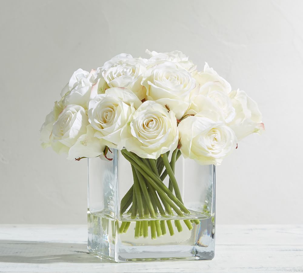 Faux Composed Roses in Square Vase | Pottery Barn (US)