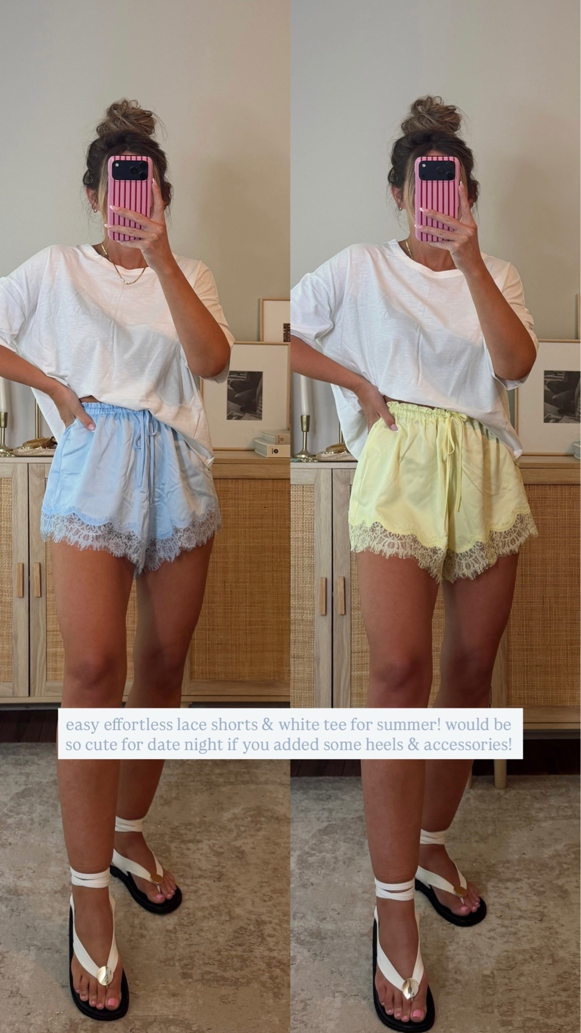 lace shorts & a white tee— perfect easy effortless summer outfit! you could dress this up with accessories + heels for a date night/gno outfit! sized up to a L in the top, size S shorts (this color runs BIG, i’ll swap these for an XS). the shorts are such good quality & love the lace detail. summer outfit, walmart @walmart