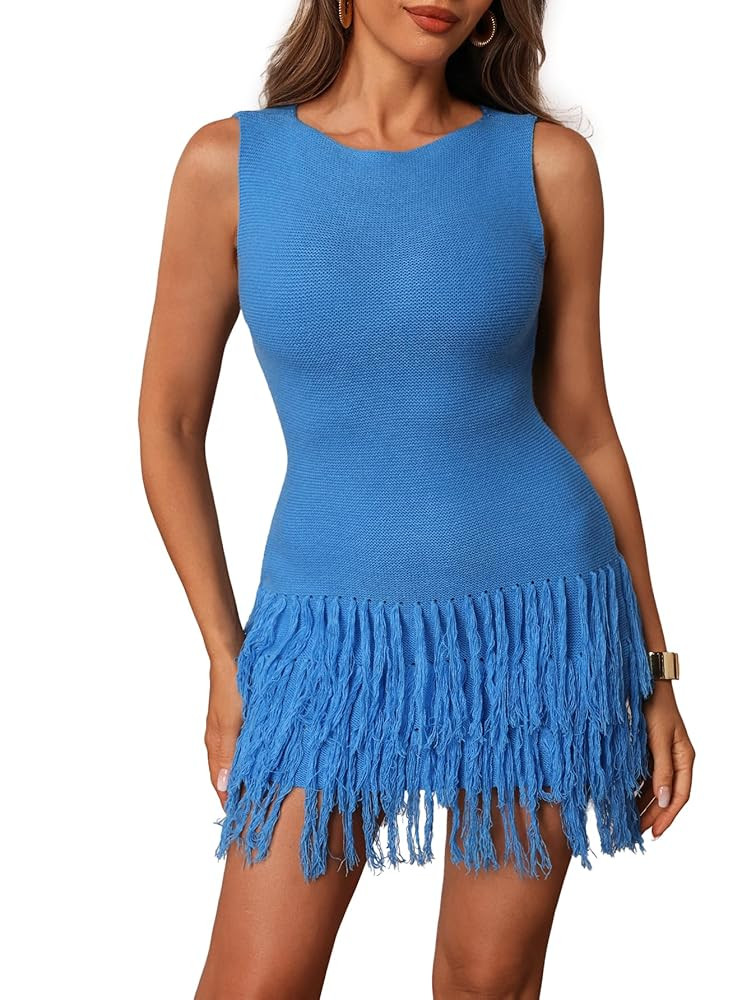 Women's Fringe Sleeveless Mini Dress Crew Neck Bodycon Knit Party Club Dresses | Amazon (US)
