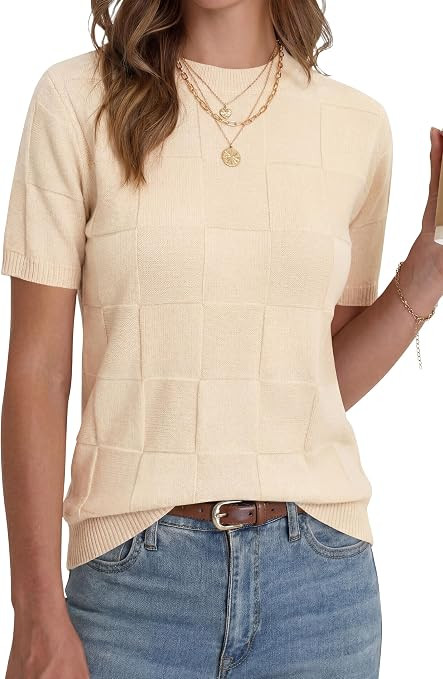 Cakulo Womens Short Sleeve Sweater Checkered Business Casual Summer Knit Tops Crew Neck Lightweig... | Amazon (US)