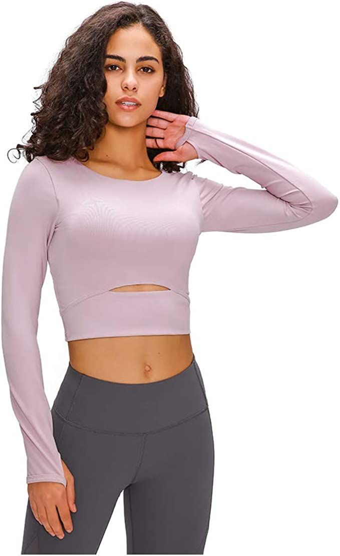 Women Yoga Crop Tops, Long Sleeve Workout Top with Built-in Shelf Bra Cropped Sweatshirts Stretch... | Amazon (US)