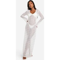 Womens Textured Lace Beach Maxi Cover-Up Dress - White - M | boohoo (US & Canada)