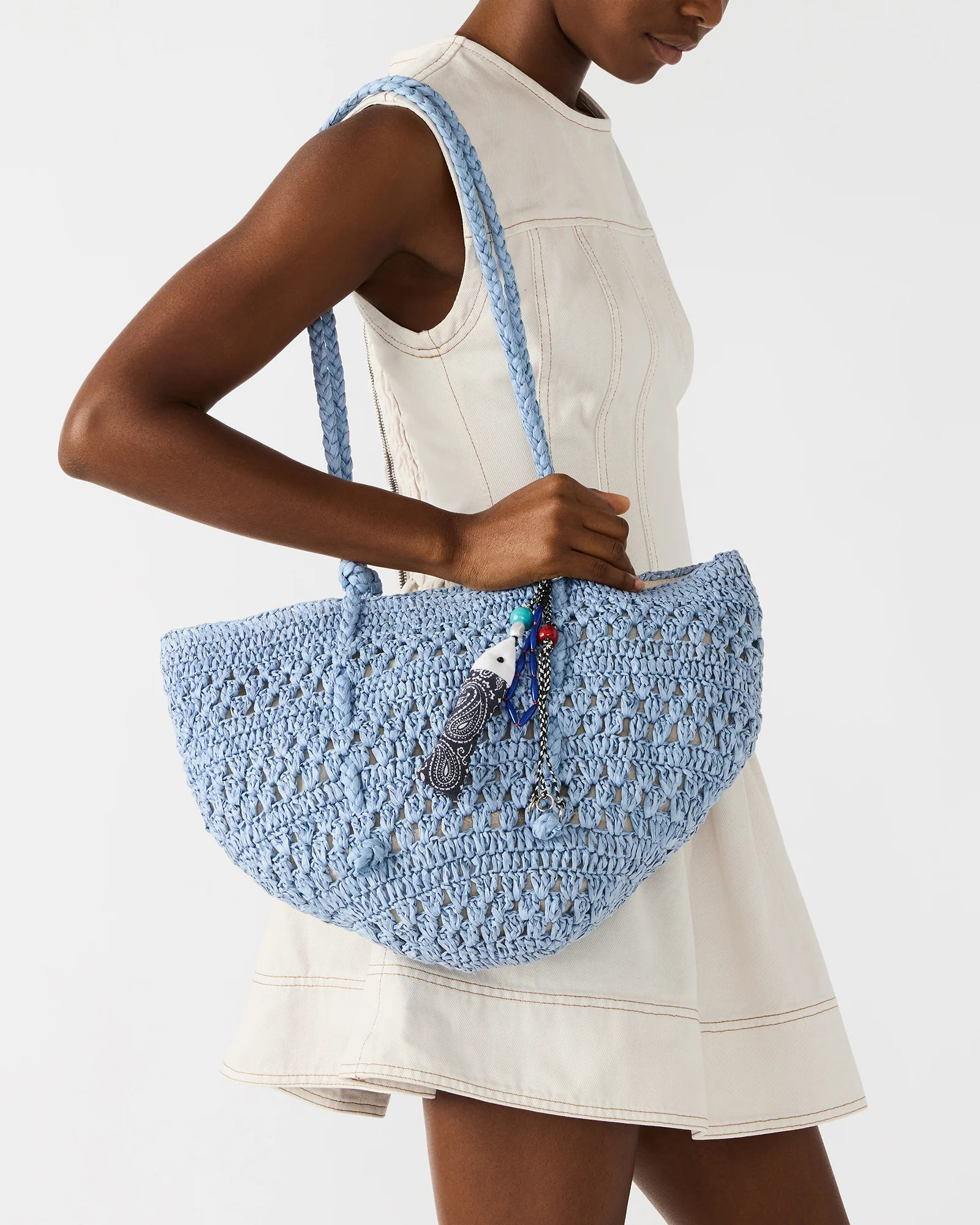 TYDES Bag Blue Boho Straw Shoulder Strap Tote Handbag | Steve Madden (US)