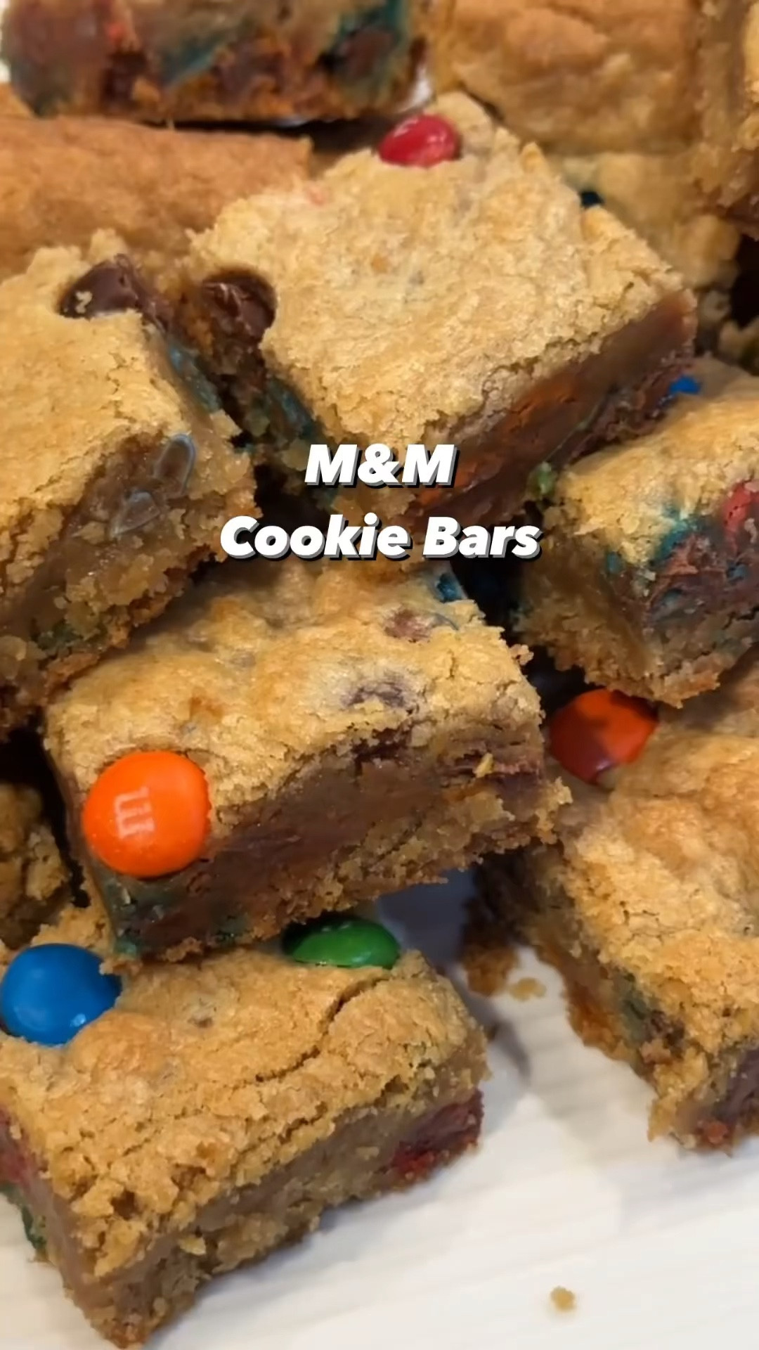 Cookie Bars

Here’s what you need:
1 cup butter, room temp
1 cup dark brown sugar
3/4 cup white sugar
3 tsp vanilla
2 eggs
3 cups flour
3/4 tsp salt
3/4 tsp baking soda
1 bag of chocolate chips or m&ms

Here’s how you make them:
Preheat oven to 350°. 
Grease a 9x13 baking dish with butter (I use nonstick). 

Cream the butter and sugar until well combined.
Add vanilla and eggs mix until combined.
In a separate bowl stir the flour, salt and baking soda, then add into mixture one cup at a time until combined and smooth. 
Add in chips or m&ms.
Spread into the baking dish, pressing lightly to spread evenly.
Bake at 350° for EXACTLY 20 minutes. 
*It will look undercooked, but the secret here is to let it sit at room temp for 1 hour after baking. Cut into squares and serve. 
It will cool and they will turn into the chewiest, most delicious cookie bars in the world. 


#LTKparties #LTKfamily #LTKkids