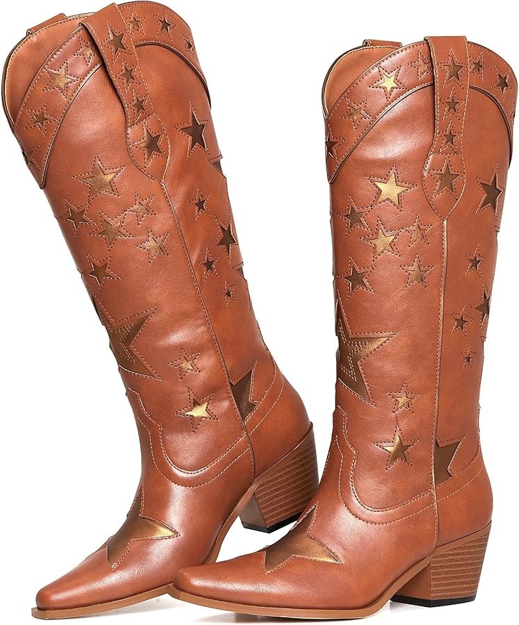 Cowboy Boots for Women Black Womens Boots Knee High Pointed Toe Embroidered Pull on Zipper Thigh ... | Amazon (US)