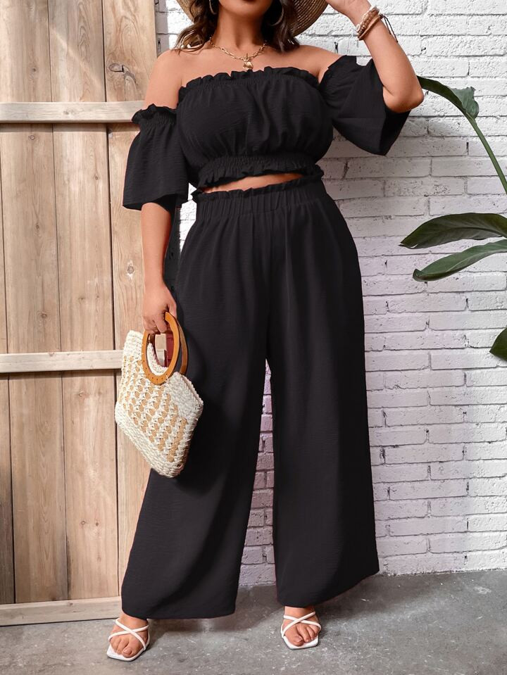 SHEIN VCAY Plus Off Shoulder Frill Trim Top & Wide Leg Pants | SHEIN