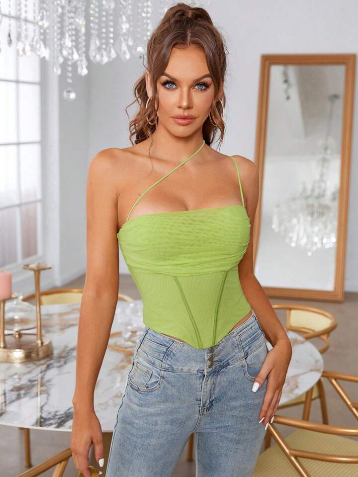 PARTHEA Korset top Eén schouder Asymmetrische zoom Doorschijnend | SHEIN