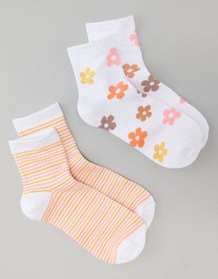 AE Flower & Stripes Boyfriend Sock 2-Pack | American Eagle Outfitters (US & CA)
