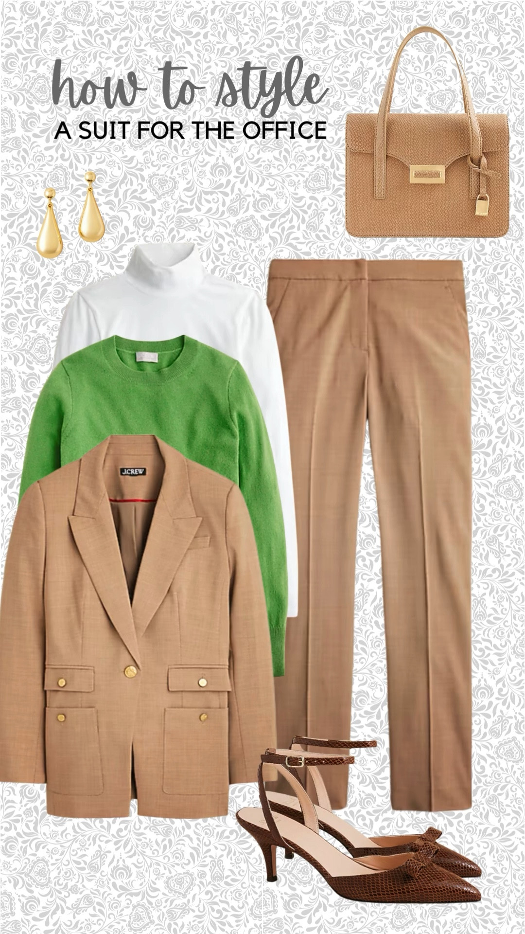 What to look chic and professional? You’re going to love this office outfit! Start with a warm camel colored wool suit, add a tissue weight turtleneck and cashmere sweater (bright green for a pop of color). Then add a tan bag, sling back bow shoes, and gold earrings.✨



#LTKStyleTip #LTKWorkwear #LTKSeasonal