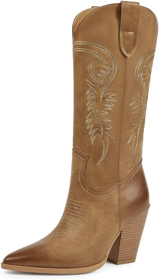ISNOM Cowboy Boots Cowgir Boots for Women, Pointed Toe Chunky Heel Western Boots | Amazon (US)