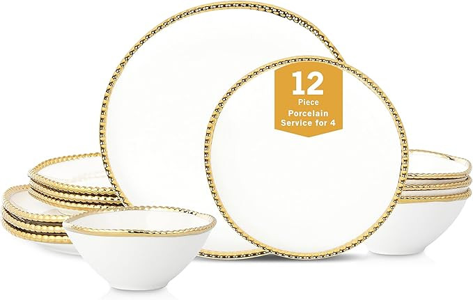 Christian Siriano Akoya Porcelain Dinnerware Set, 12-Piece - Dish Set for 4, Plates and Bowls Set... | Amazon (US)