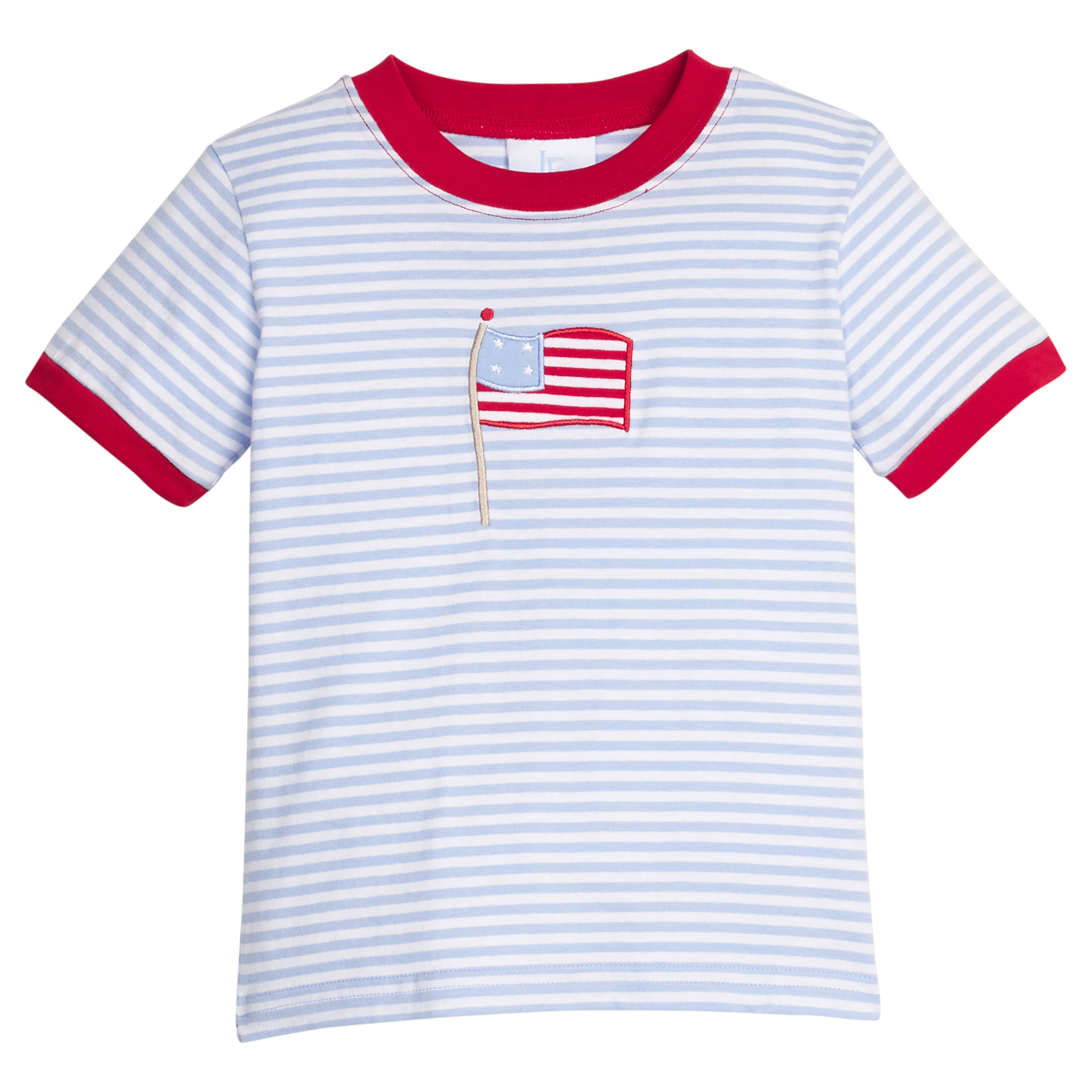 Flag Applique T-Shirt - Blue Stripe Patriotic Boy Cotton Tee | Little English