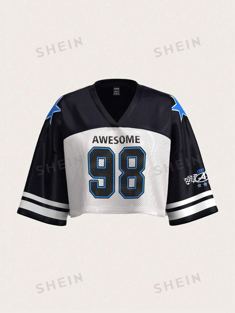 SHEIN ICON Women's Y2k Going Out Short Sleeve Sports Style Letter & Digit Print Colorblock Croppe... | SHEIN