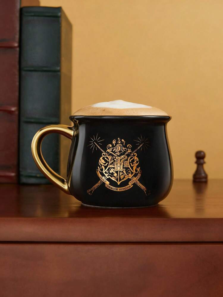 HARRY POTTER X SHEIN 1 Pc 14 Oz/400 Ml Black Ceramic Mug With Printed College Badge (Gold Handle, Not Microwaveable And Lid Not Included),Gifts,Back To School | SHEIN