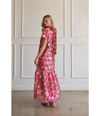 Mersin Sheer Floral Jacquard Organza Mock Neck Short Sleeves Tiered Hem Shift Maxi Dress | Dillard's