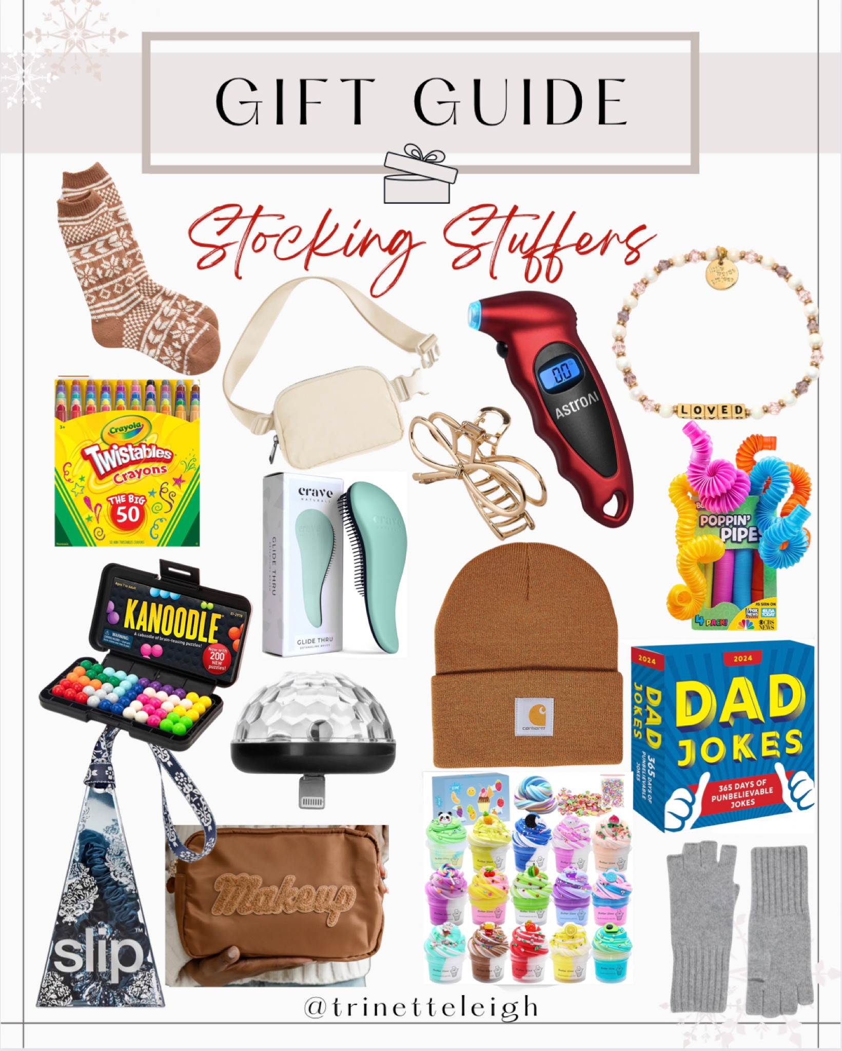 Gift Guide for Stocking Stuffers. Holiday socks. Lululemon inspired belt bag. Gold hair clip. Bracelet with words. Kids toys for stocking stuffers. Carhart beanie. Disco light phone adapter. Makeup bag. Silky hair scrunchies. Hair comb for kids. Car tool. Dad jokes.

#LTKGiftGuide #LTKSeasonal #LTKHoliday