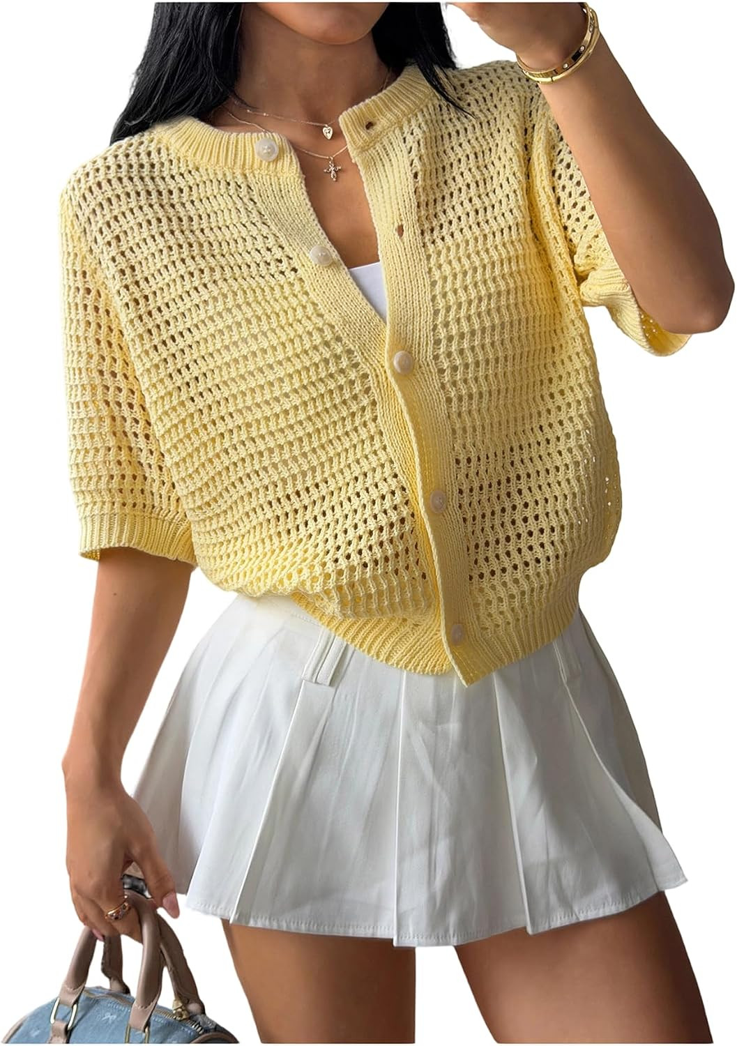 SOLY HUX Women's Short Sleeve Crochet Cardigan Sweater | Amazon (US)
