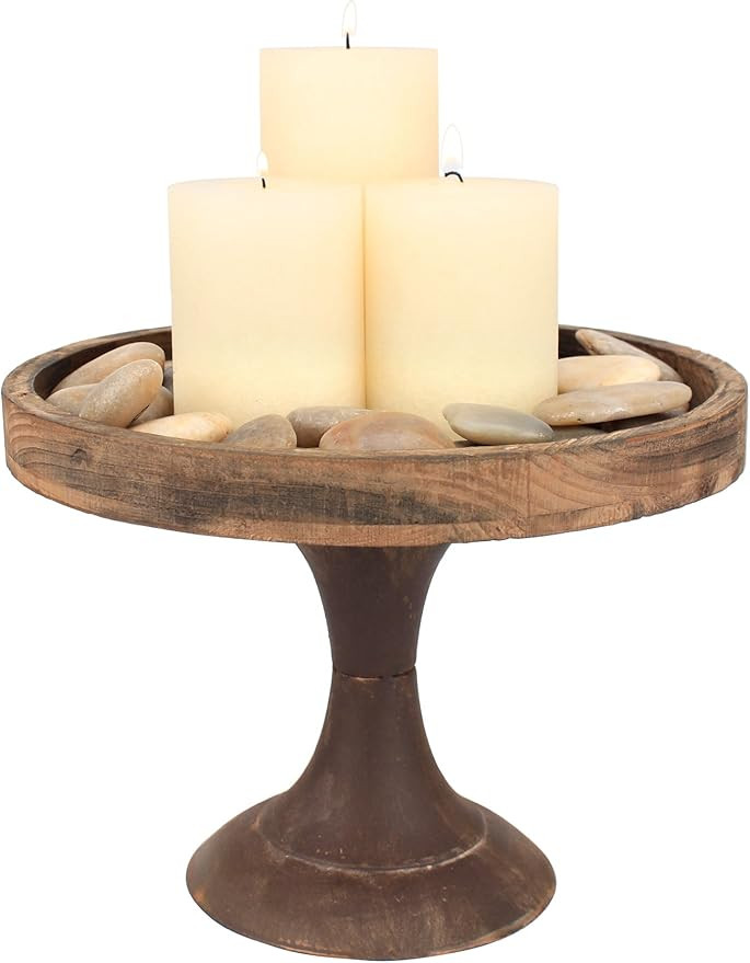 Stonebriar Rustic Worn Natural Wood and Metal Pedestal Tray, Decorative Pillar Candle Holder, For... | Amazon (US)