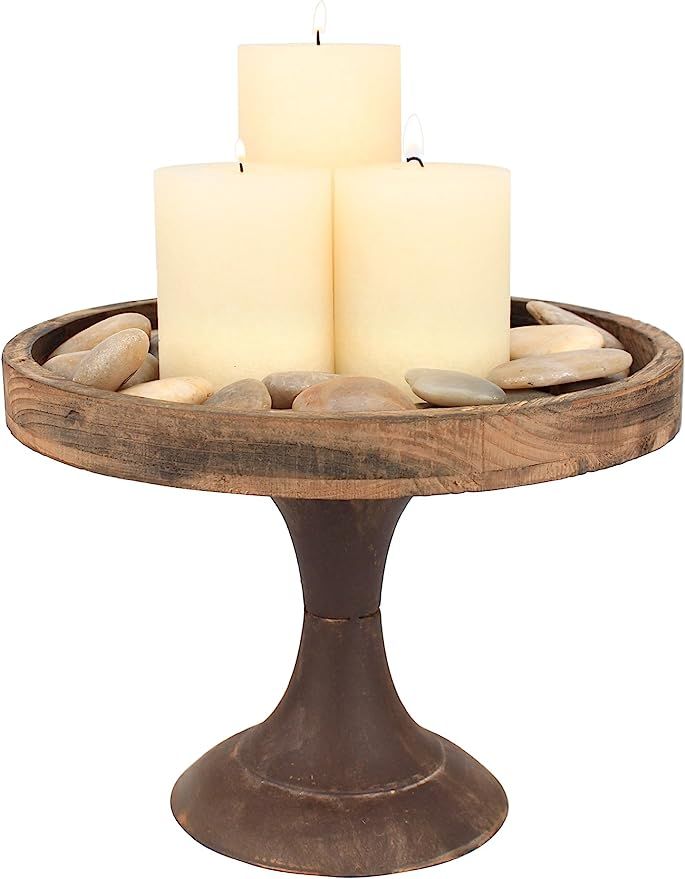 Stonebriar Rustic Worn Natural Wood and Metal Pedestal Tray, Decorative Pillar Candle Holder, For... | Amazon (US)