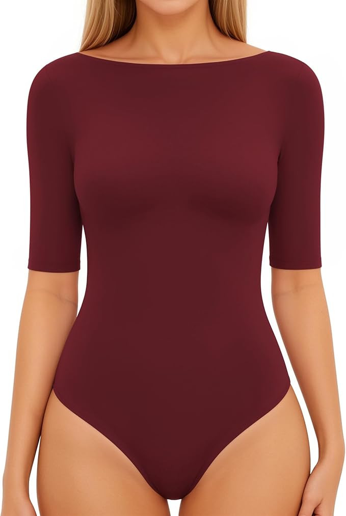 MANGOPOP Women's Half Sleeve Boat Neck Bodysuit 3/4 Sleeve Body Suit Fitted Going Out Tops 2026 | Amazon (US)