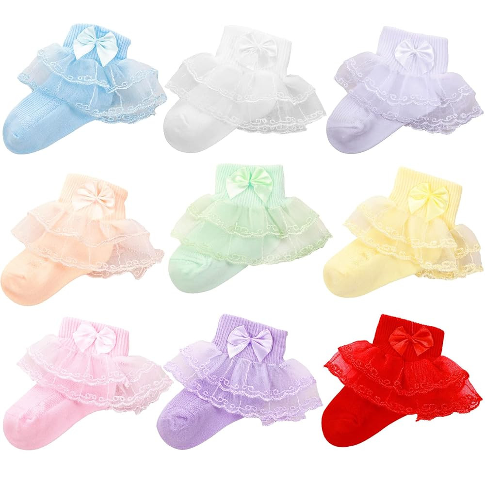 Hillban 9 Pairs Baby Lace Socks Girls' Ruffle Socks for Newborn Infants Princess Frilly Lace Cott... | Amazon (US)