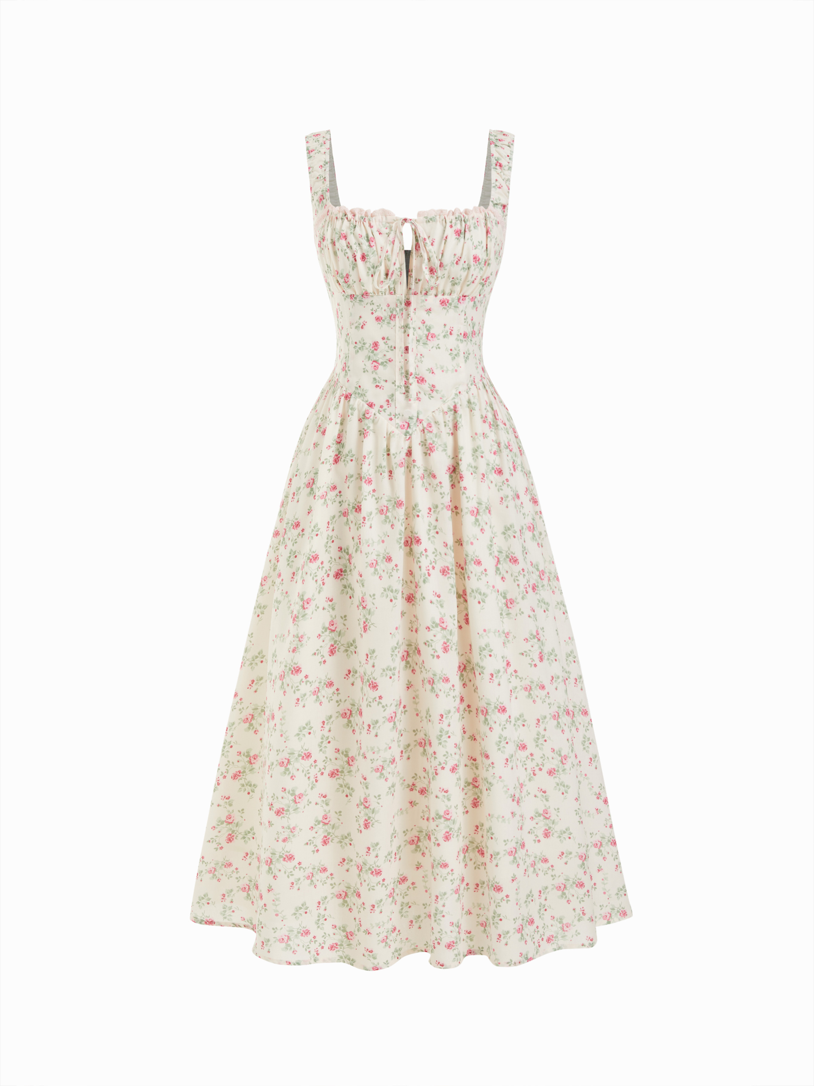 Woven Cotton-blend Square Neck Floral Knotted Shirred Midi Dress For Vacation | Cider