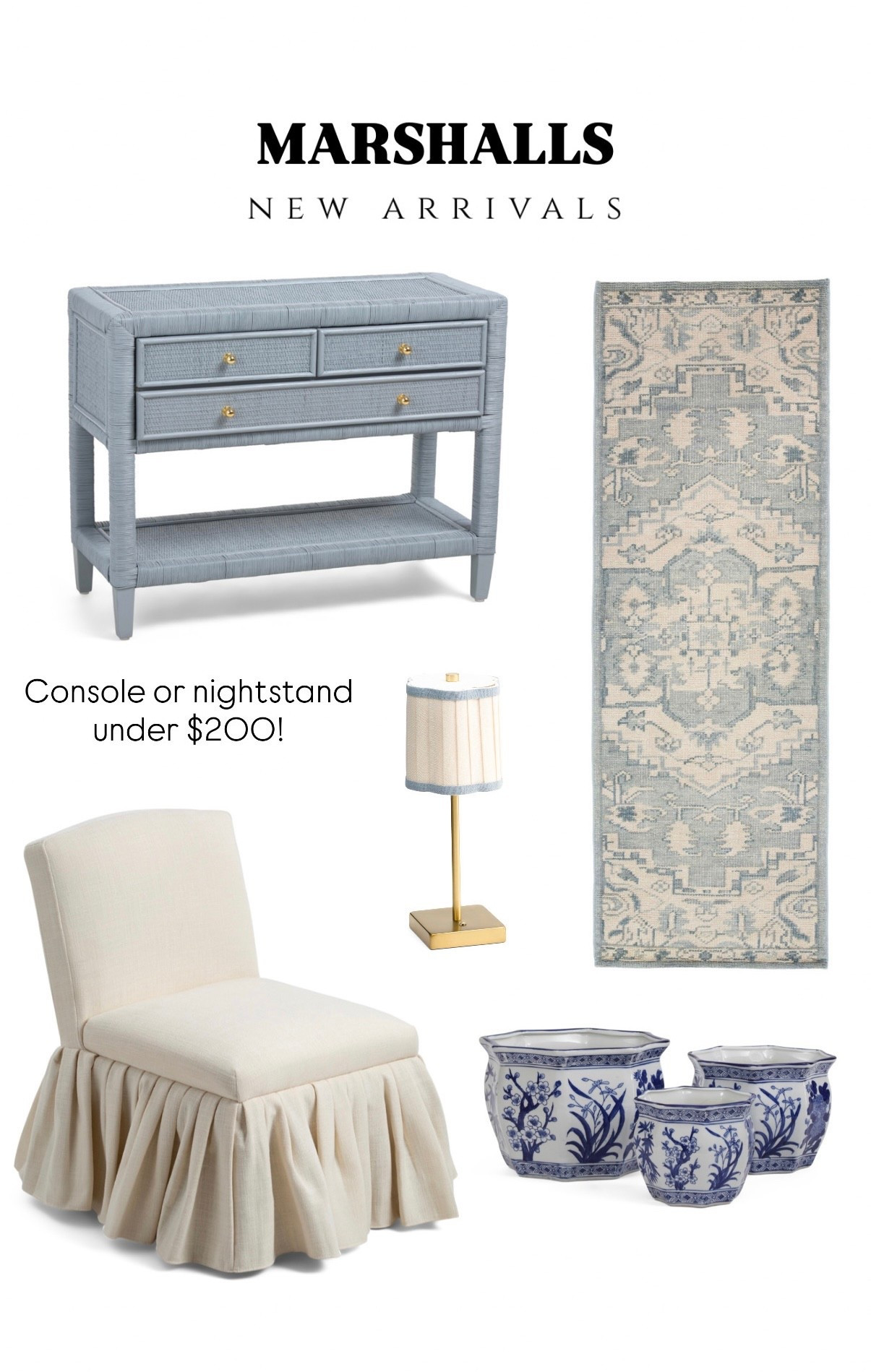 So many good new arrivals today!! This blue console would make a great nighstand and love the dusty blue runner rug and ruffle chair 😍