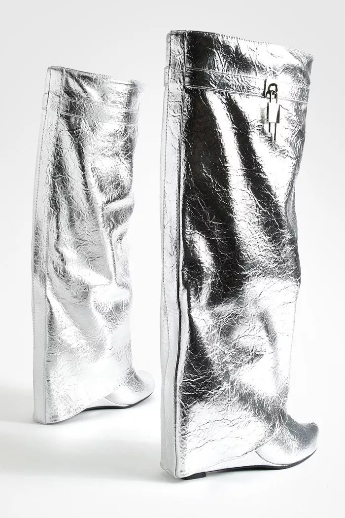 Metallic Padlock Detail Wedge Fold Over Knee Boots | boohoo (US & Canada)